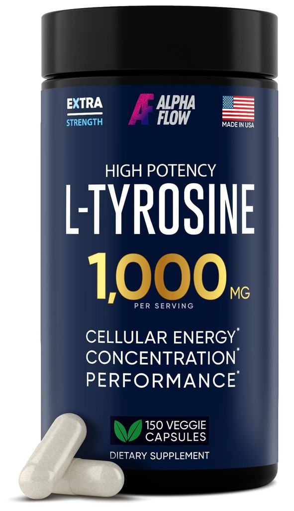 Alpha Flow L Tyrosine 1000MG Capsules - All-Natural L- Tyrosine Supplement for Focus & Energy Boost - Non-GMO & Gluten-Free - Vegan 150 Caps -500mg x 2 per portie