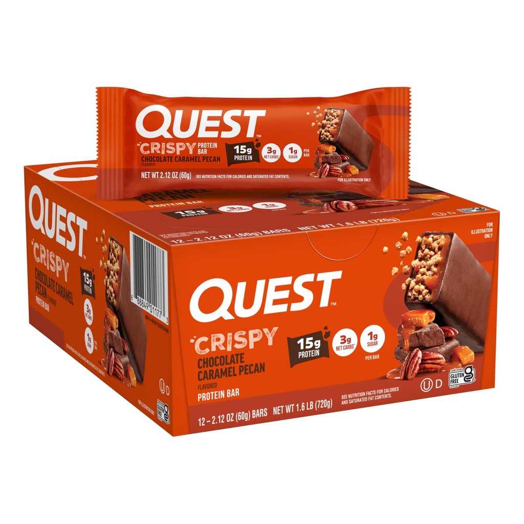 Quest Nutrition Crispy Chocolate Caramel Pecan Hero Protein Bar, 15g Proteïne, 1g Suiker, 3g Net Carb, Glutenvrije Proteïne Snack, Keto Vriendelijk, 12 Tellen