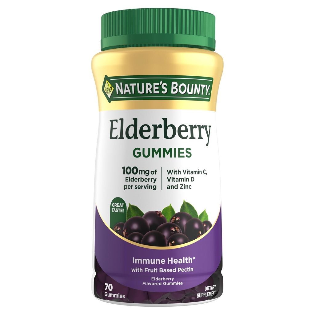 Nature's Bounty Vlierbessen Gummies, Dieetsupplement, Ondersteunt Immune Health, Bevat vitamine A, C, D, E en Zink, 100 mg, 70 Gummies