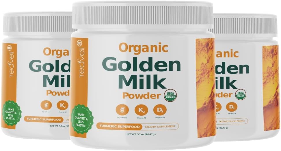 Biologische Golden Milk Powder with Vitamins D3 & K2, Kurkuma, Gember, Curcumin, Cinnamon, KSM66 Ashwagandha, Holy Basil & Natural Prebiotics