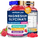 Levering van 60 dagen Magnesium Glycineer 400 mg Gummies met Ashwagandha, L-Theanine, CoQ10, Vitamine D3 & B6, Suikervrije Magnesium Gummies voor volwassenen en kinderen, Stress Relief, Slaap & Kalm, Veganistisch, Glutenvrij