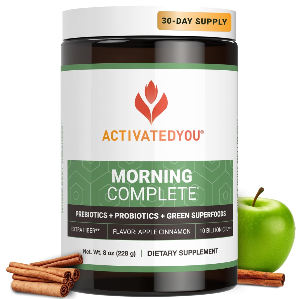 ACTIVATHYOU Ochtend Complete Dagelijkse Wellness Groenen Superfood Drinkmix voor Gut Health w/Prebiotica, Probiotica, Antioxidanten, Groene Superfoods, 10 miljard CFUs, 30 Servers (Apple Cinnamon)