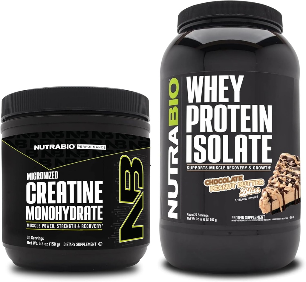 NutraBio Creatine Monohydraat, Unflavored, 150g en Wei Proteine Isolaat, Chocolade Pindakaas, Supplement Bundle - Spierenergie, Lean Spiergroei, Herstel, en kracht