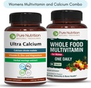 Pure Nutrition Ultra Calcium 1000mg en Whole Foods Womens Multivitamines 1500mg voor gezonde botten, gewrichten en algemene welzijn. Ultra Calcium 120 Tabs + Vrouwen Multivitaminen 90 Tabs.