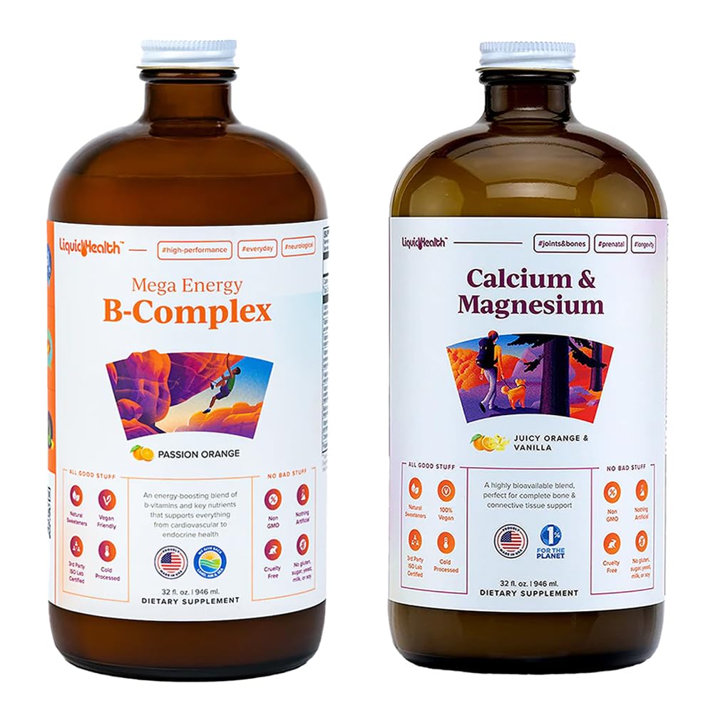 LIQUIDHEALTH Mega Energy B-complex & Calcium en Magnesium Liquid Vitamin Bundle voor volwassenen - Verhoog Natural Energy Level, Support Bone & Joint Health, Boost Immune System - Vegan, Non-GMO, USA Made