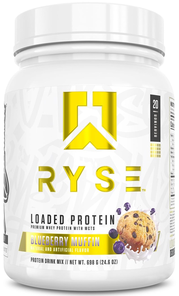RYSE Geladen Proteïnepoeder - Blueberry Muffin - 25g Wei Proteïne Isolaat & Concentraat met Prebiotische Vezel & MCT's - Lage Carb, Lage Suiker, Digestief-Vriendelijk - 20 Servers / 1,5 lb Tub