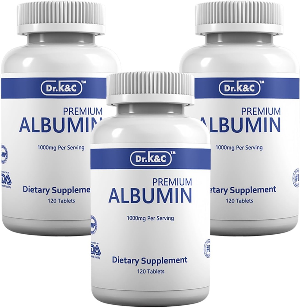 Dr.K&C Premium Albumin Proteïne Supplement Extra sterkte 1000 mg 360 Tabletten Gezonde Nier Lever Bevorderen Algemene Wellness Energie Ondersteuning Life Balance 3pk
