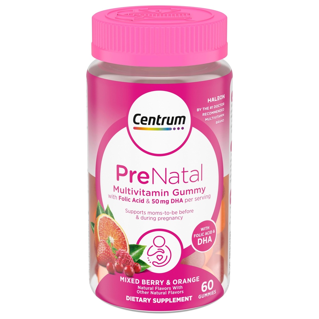Centrum Prenatale Multivitamine Gummies met DHA en foliumzuur, gemengde bessen en sinaasappelsmaak - 60 Tel, 30 Dagen Levering