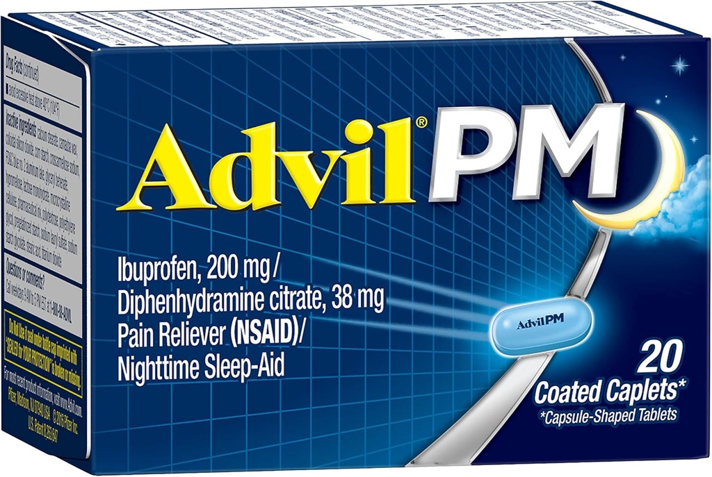 Advil PM (20 telling) Pijn Reliver/Nighttime Slaaphulp Coated Caplet, 200mg Ibuprofen, 38mg Difenhydramine