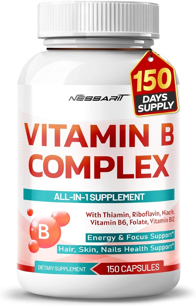 Vitamine B Complex - Hoge sterkte met Thiamin, Riboflavine, Niacin Vitamine B6, Folaat, Vitamine B12 -Energie, Focus, Haar, Huid, Nagels Ondersteuning - 150 Tel - Made & Tested in The USA