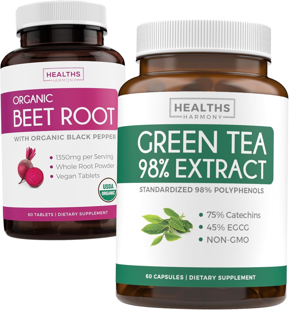 Beetwortelwortel- en groene theeextract (1-maandvoeding) Detox Power Duo - Biologische bietenwortel met zwarte peper voor absorptie 1250mg (60 tabletten) & Groene theeextract 98% met EGCG 1000mg per portie (60 capsules)