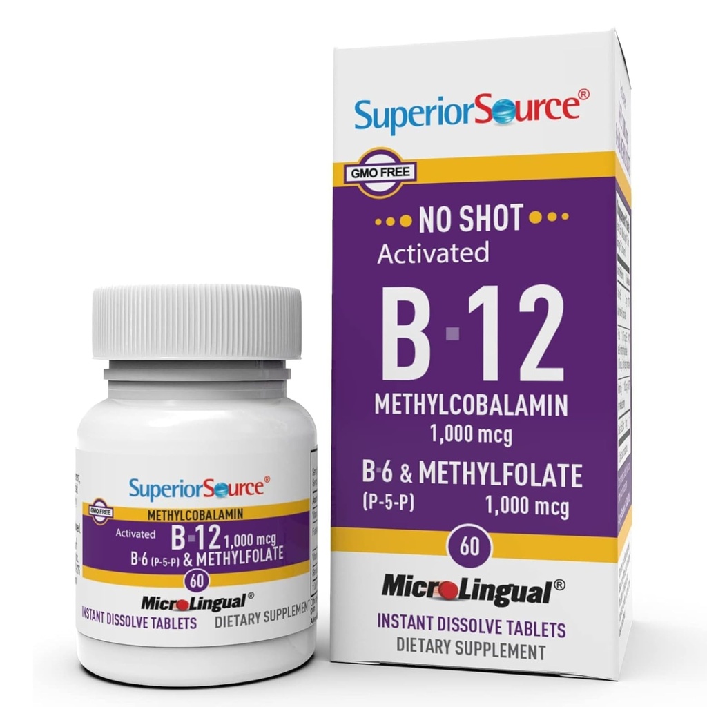 Superior Bron Geen Shot Vitamine B-12 Methylcobalamine 1000 mcg, B-6, & Methylfolaat 1000 mcg - Ondersteunt Energie, Hersenen en Hart Gezondheid - Bariatrische Vriendelijk - 60 Sublingual Dissolving Tablets