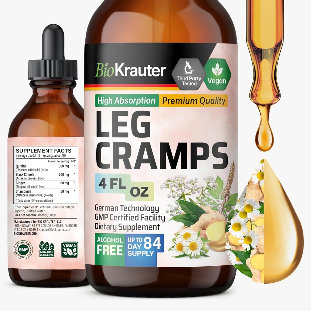 BIO KRAUTER Leg Cramps Tinctuur met Quinine - Gember en kamille Liquid Extracten voor benen Kraampjes - Natuurlijke Alcohol en Suiker Vrij Formule - Vegan Drops 4 Fl.Oz.