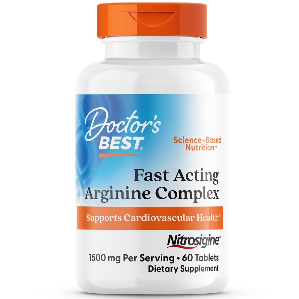 Doctor's Best Fast Acting Arginine Complex - L Arginine Supplementen voor mannen en vrouwen, helpt Nitric Oxide Level, Blood Flow & Cardiovasculaire gezondheid Ondersteuning, 1500 mg per portie, Vegan - 60 tabletten
