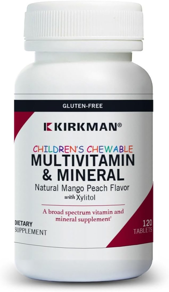 Kirkman - Kauwbare kinderen Multivitamine & Mineraal - 120 tabletten - Krachtige Broad Spectrum Vitamine/Mineral Supplement - met Xylitol - Natuurlijke Mango Peach smaak