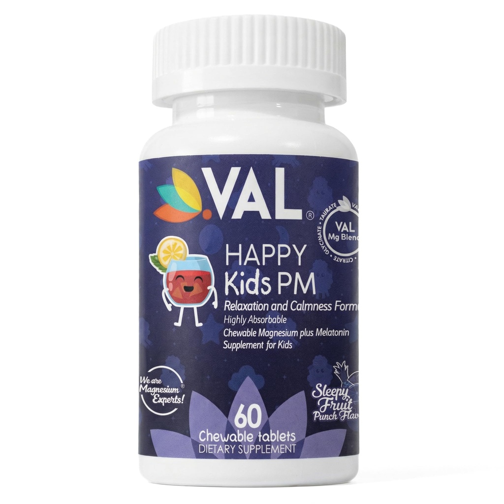 VAL Happy Kids PM – Sugar-Free Chewable Magnesium with Melatonin | Sleep Support for Children | Magnesium Glycinate + Citrate + Taurate | B6, C | Fruit Punch | 60 Tablets | Non-GMO