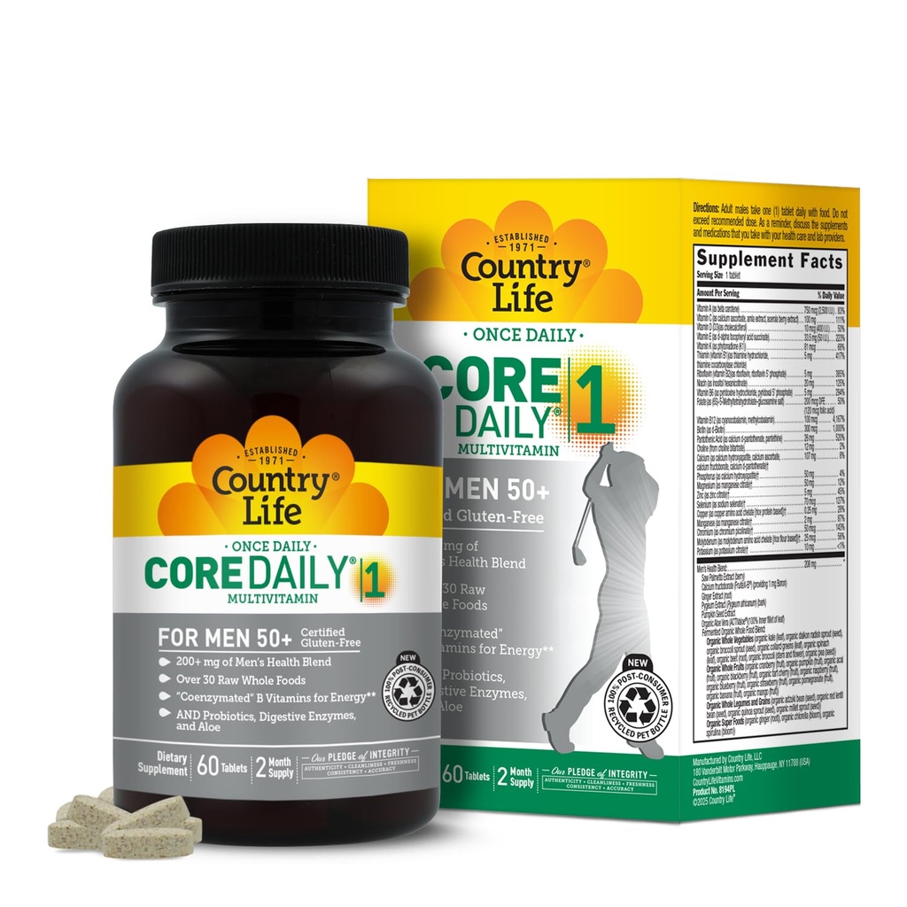 Country Life CORE Daily-1 Multivitamine voor mannen 50+ - Glutenvrije, energie-ondersteuning met Coenzymated B-vitaminen, Probiotica, Whole Food en digestieve enzymen, Gecertificeerd Glutenvrij, 60 tabletten