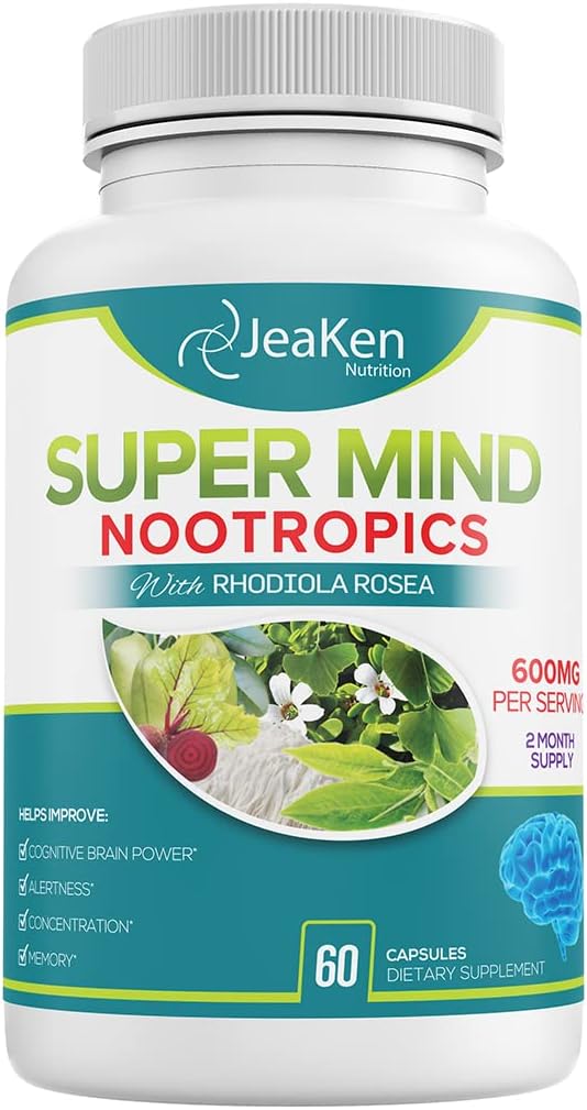 Super Mind - Nootropics Cognitive Enhancer - Brain Boost Supplement met natuurlijke ingrediënten - Bacopa Monnieri - Rhodiola Rosea - Ginkgo Biloba - Vitamine B12-60 Vegan Capsules Made in USA