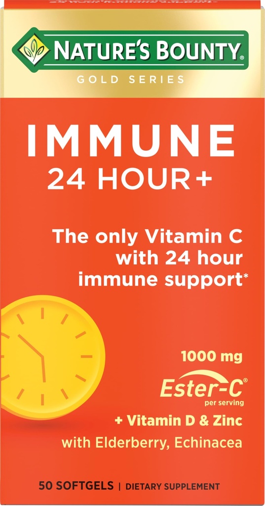 Nature's Bounty Immune 24 Uur +, De enige vitamine C met 24 Uur Immune Ondersteuning van Ester-C, 1000 mg Vitamine C, D & Zink, Glutenvrij, Snelle Release Softgels, 2 Softgels per dag, 50 Tellen