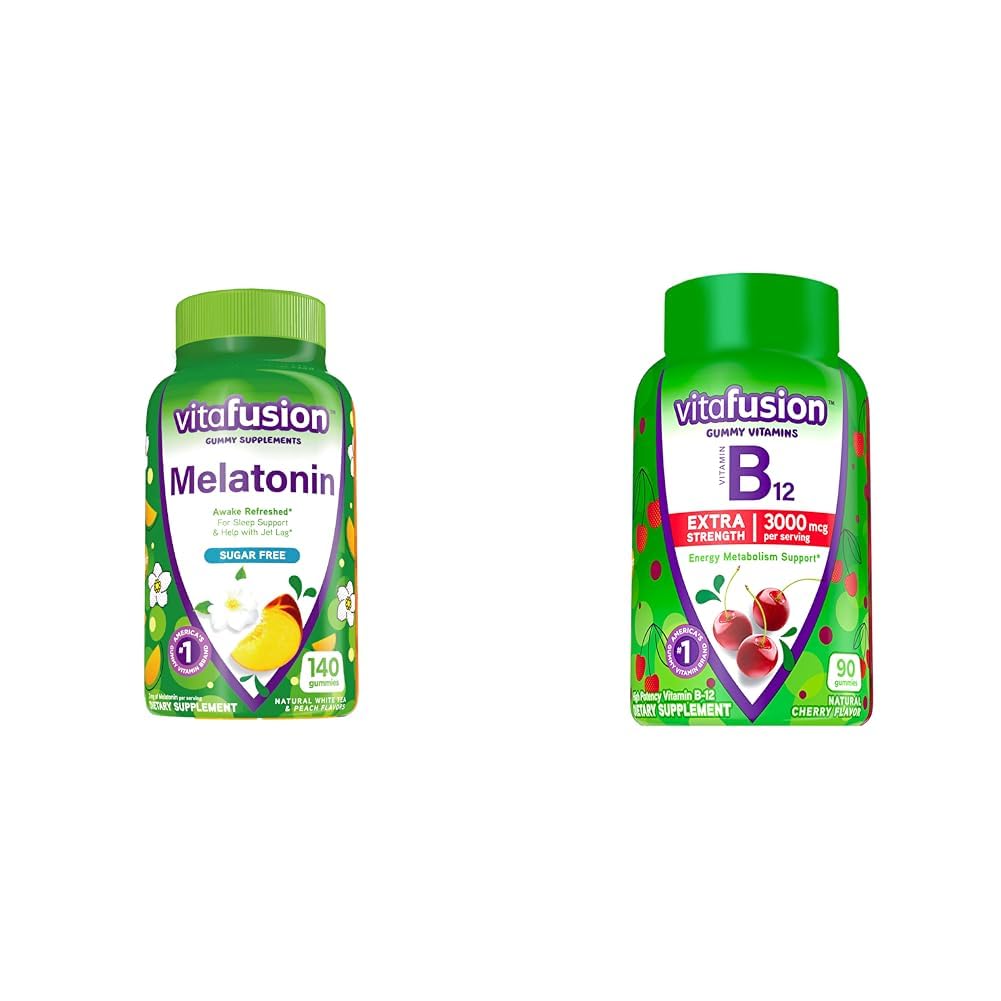 Vitafusion Melatonine 140 Tel en vitamine B12 Gummy Vitaminen, 90 Tel Cherry smaak voor energie Metabolisme en zenuwsysteem ondersteuning