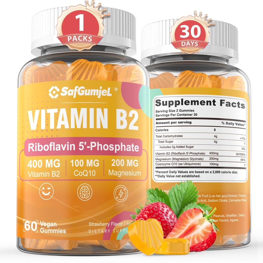 Vitamin B2 Gummies | Riboflavin 400mg with Magnesium & CoQ10 for Migraine Relief & Headache Relief | Sugar Free, Vegan, Strawberry Flavor, 60 Count