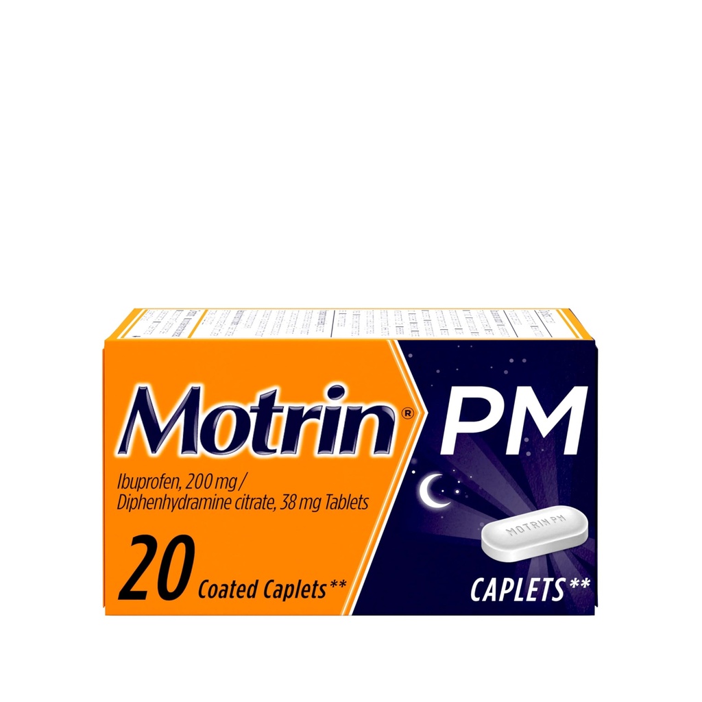 Motrin PM Pain Relief Caplets with 200 mg Ibuprofen & 38 mg Difenhydramine Slaaphulp, Nighttime Pain Reliever for Minor Aches & Pains Helpt U om te slapen & Stay Asleep, 20 ct