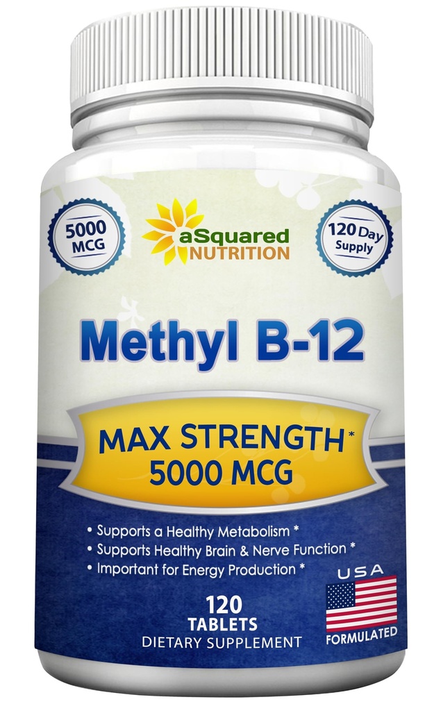 aSquared Nutrition Vitamine B12-5000 MCG Supplement met methylcobalamine (methyl B-12) - maximale sterkte vitamine B 12 Ondersteuning om natuurlijke energie te stimuleren, voordeel hersen- en hartfunctie - 120 tabletten