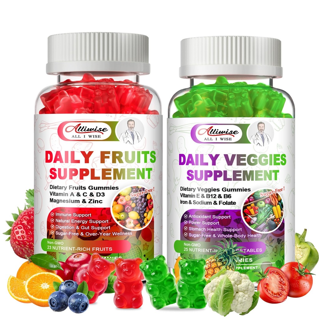 Suikervrije vruchten en groenten supplement, Super Greens Gummies met multivitamine, mineralen & vezel, natuurlijke groenten en fruit supplement ondersteunt immuniteit, antioxidant & energie voor vrouwen & mannen