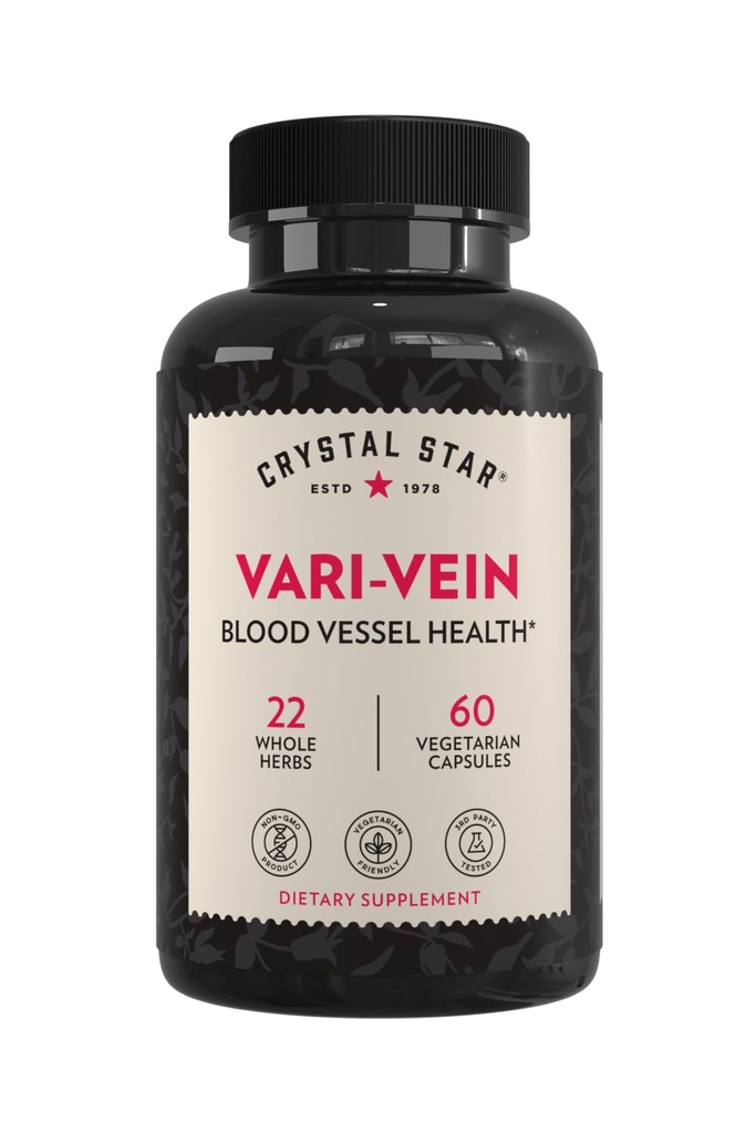 Crystal Star Vari-Vein (60 capsules) - Herbal Circulation Support Supplement for Varicose Veins & Spider Veins Treatment - Witch Hazel, Butcher