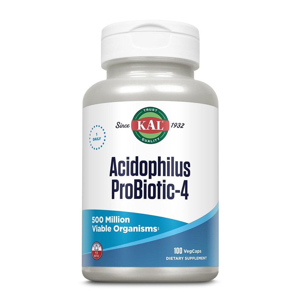 KAL Acidophilus ProBiotic-4, 500 miljoen CFUs, vier probiotische strains, probiotica voor vrouwen en mannen, bevroren gedroogd, L. acidophilus, L. bulgaricus, S. thermophilus, B. bifidum, 100 porties, 100 VegCaps