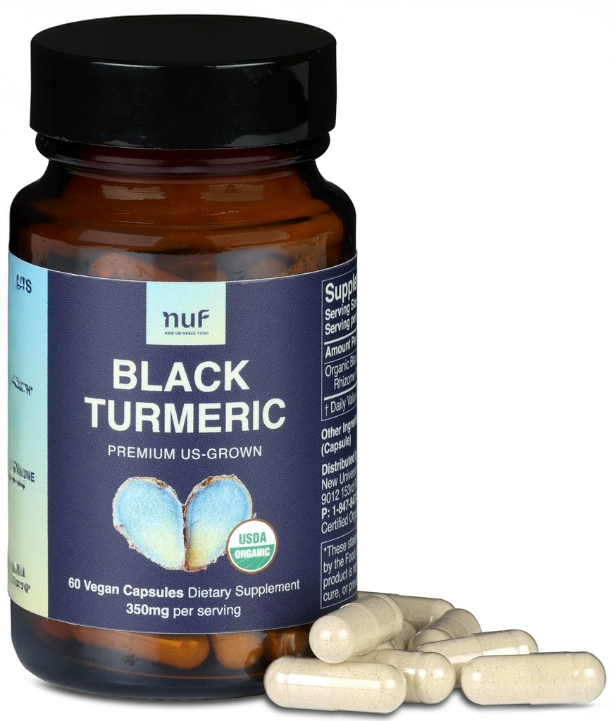 NUF- Organic Black Turmeric 350mg Whole Root Vegan Capsules- US Gegroeid- Glutenvrij - Niet GGO- Gezamenlijke Ondersteuning - Gezonde Ontvlammingsreactie - Goede Immuunfunctie