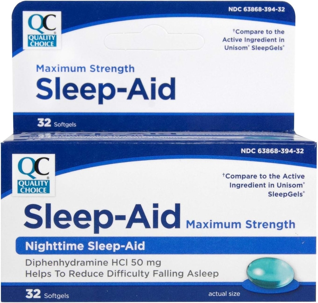 Quality Choice Max Strength Sleep Aid, Nighttime Sleep Aid Diphenhydramine HCI 50 mg, Non Habit Forming for Occasional Sleeplessness, Easy to Swallow Softgels, 32 Count Bottle