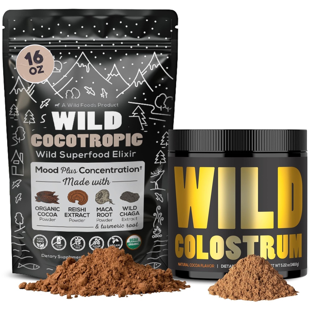 Cocotrope Biologische Paddestoel Cacao Mix (16oz) & Colostrum Powder (5.22oz) Bundel voor Gut Health and Energy