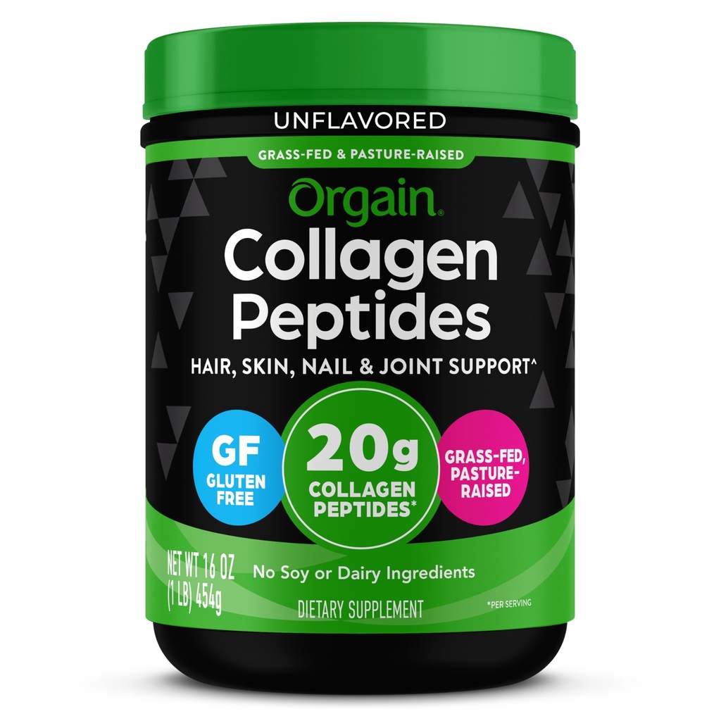 Orgain Gehydrolyseerde Collageen Peptides Powder for Women & Men, 20g Grass Fed Collageen, Unflavored - Hair, Skin, Nail, & Joint Support Supplement, Paleo & Keto, Non-GMO, Type I en III, 1lb