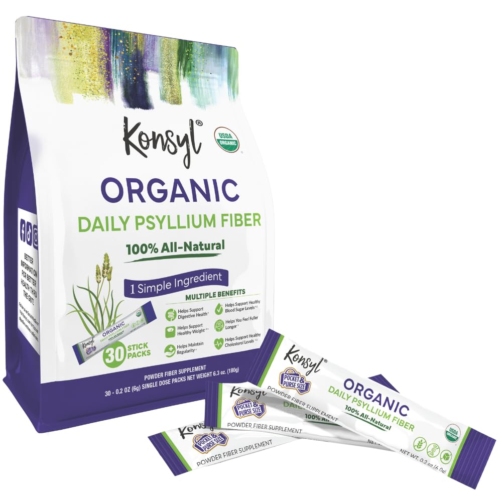 Konsyl Organic Daily Psyllium Fiber Stick Packs - On-The-Go Fiber Supplement Powder - Handige, natuurlijke oplosbare vezel, Glutenvrije en suikervrije, Veganistische & Keto - 30 pakketten