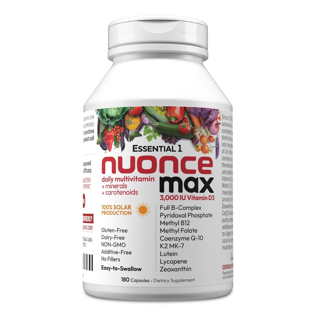 ANDREW LESSMAN Essential-1 nuonce max Multivitamin 3000 IU Vitamin D3 180 Small Capsules. 100 mcg Methyl B12. CoQ10 Lutein Lycopene Zeaxanthin. High Potency. No Additives. Ultra-Mild One Daily Capsule
