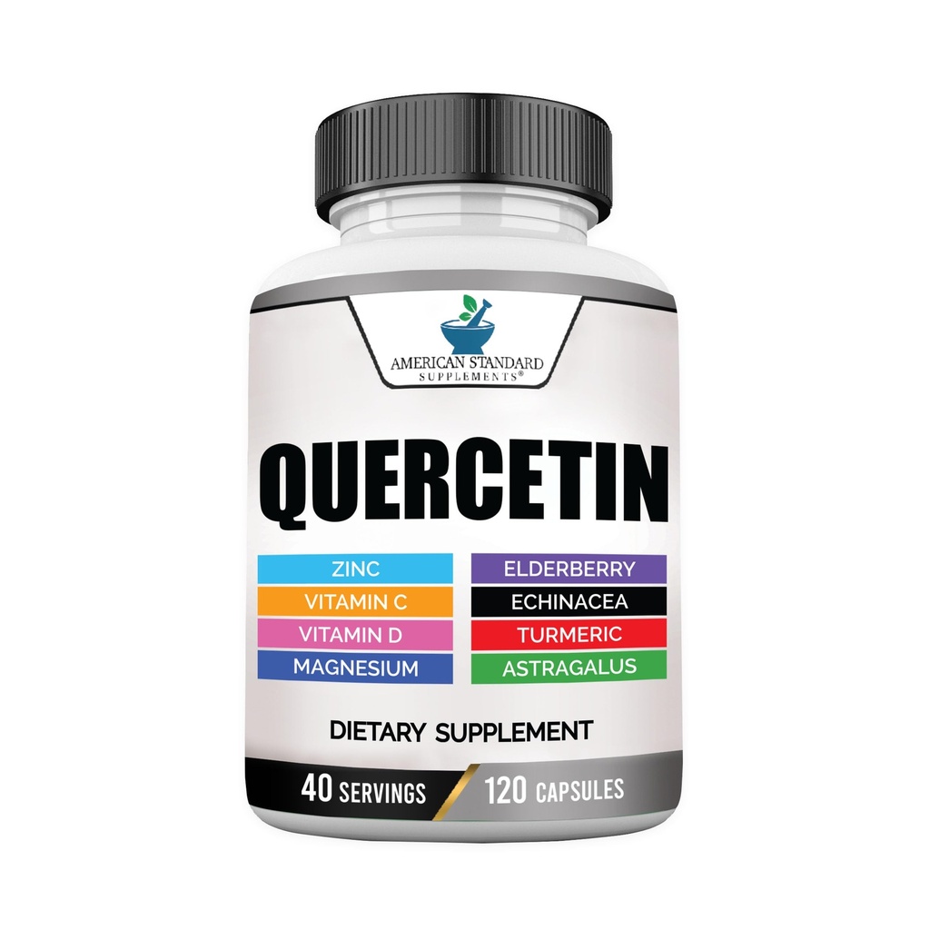 American Standard Supplements Quercetin 1000mg per portie met zink, vitamine C, vitamine D3, Magnesium, vlierbes, echinacea, kurkuma, astragalus - glutenvrij, non-GMO, 120 capsules, 40 porties