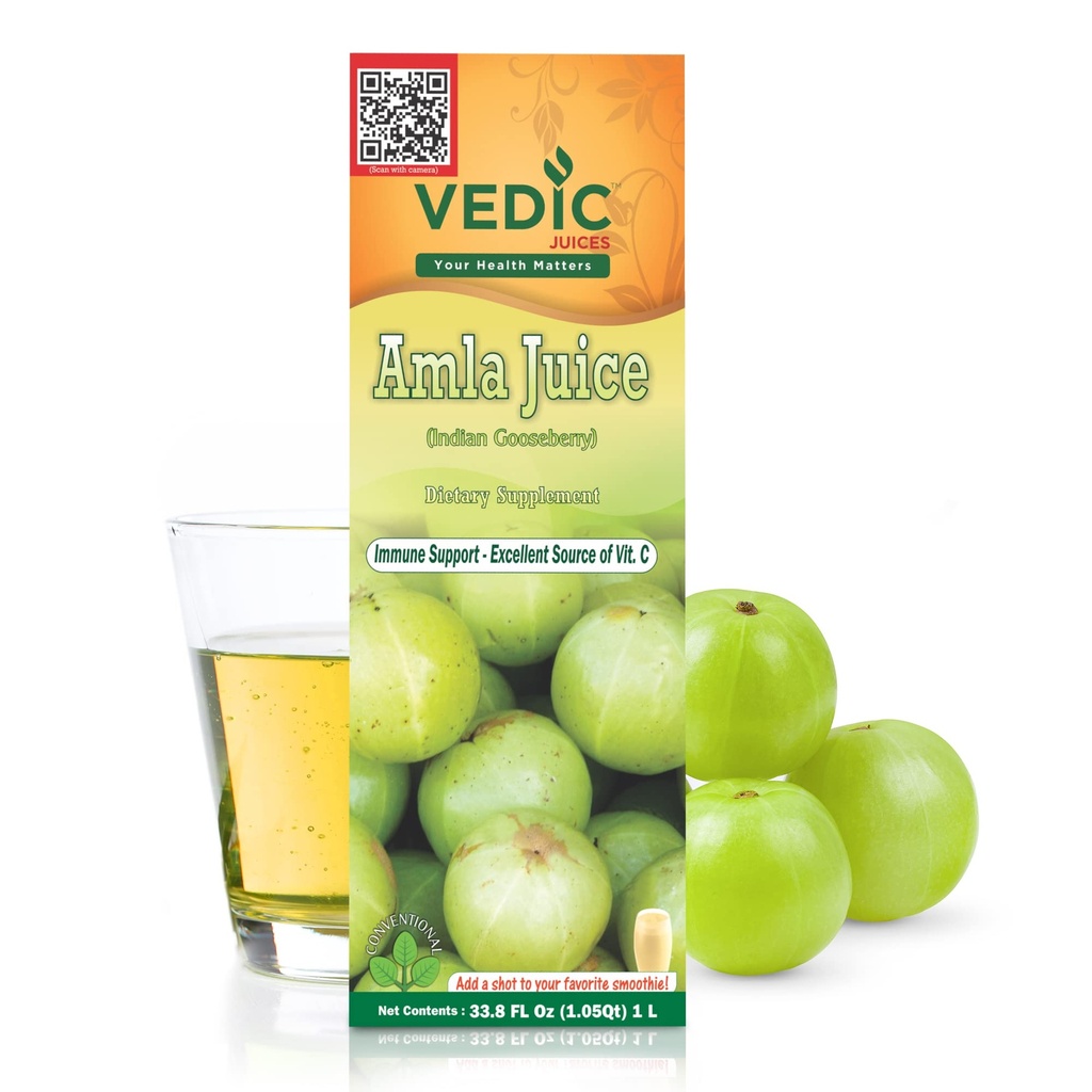 Vedische sapjes Amla sap, Indiase kruisbessen supplement met vitamine C voor Gut Health, en haargroei, kruidendrank - 1 liter