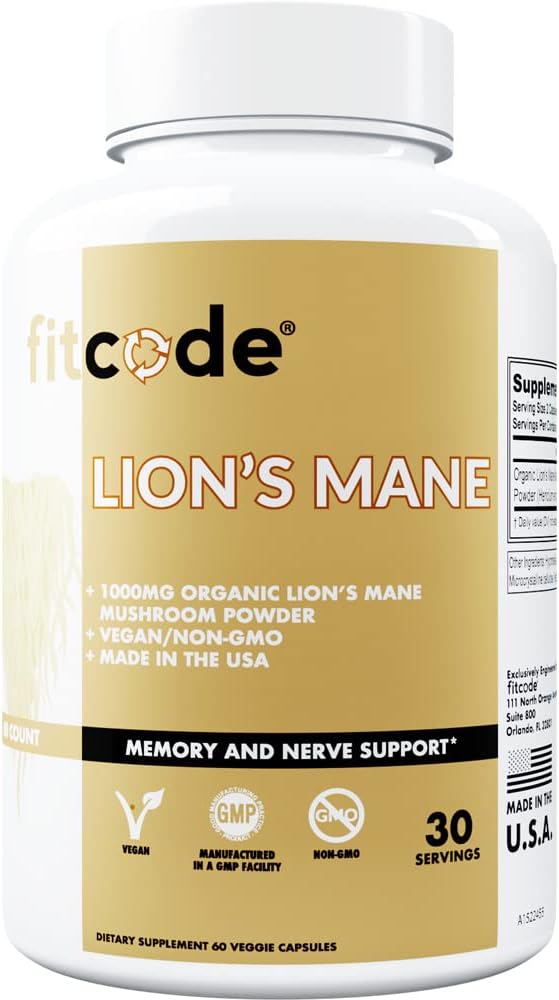 fitcode Organic Lion’s Mane Mushroom Supplement - Lion’s Mane Mushroom Capsules Nootropics Brain Support Supplement for Focus Memory Clarity and Immunity Support Lion’s Mane Supplement