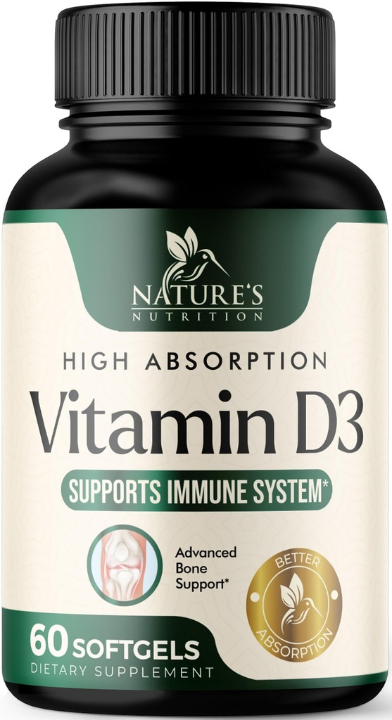Vitamine D3 Supplement 5000IE (125 mcg) - Extra sterkte Vitaminen D-3 Dieet Softgels voor bot, tanden, spiergezondheid en immuunondersteuning, snelle absorptie Mini D Softgel, non-GMO, glutenvrij - 60 Tel.