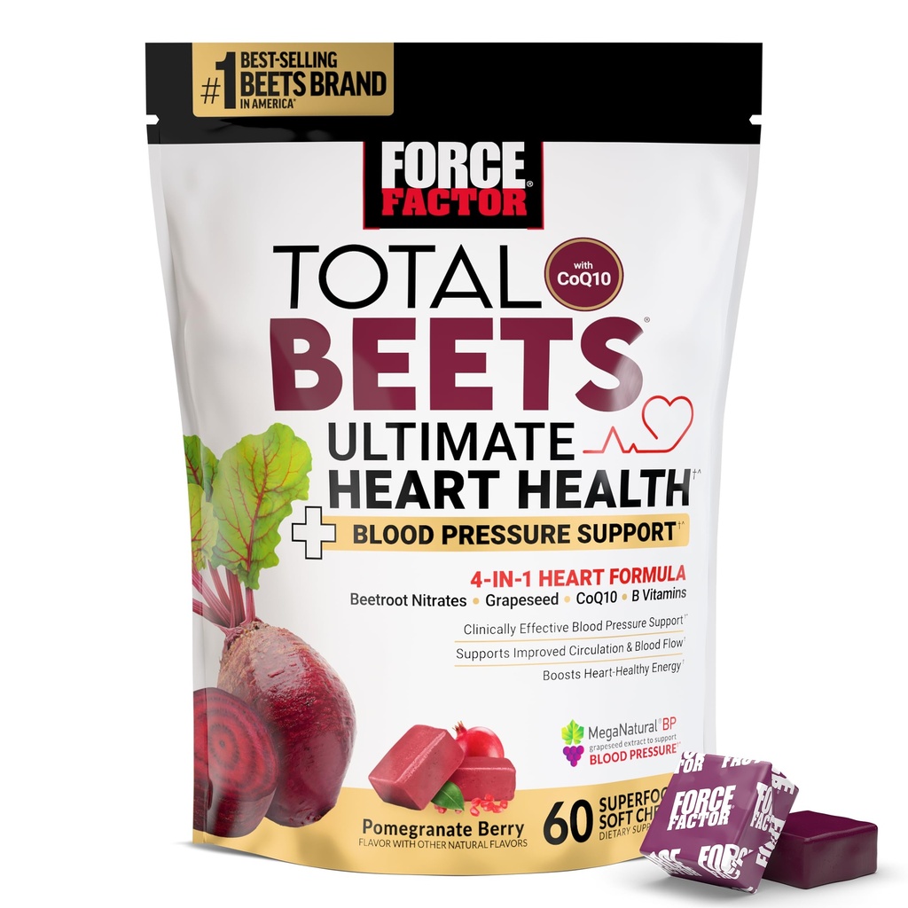 FORCE FACTOR Total Beets Ultimate Heart Health Kauwt voor Blood Pressure Support, met bietpoeder, CoQ10, B Vitaminen & Grapeseed Extract voor Blood Flow & Energy, Granaatappelbessen, 60 Zachte Kauwen