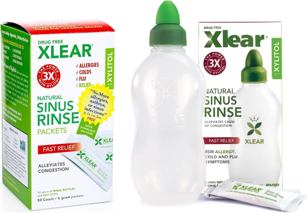 Xlear Natural Xylitol Sinus Rinse Refill, Neti Pot Saline Packets - Neusreiniger voor snelle druk en congestie relief, werkt met de meeste neus irrigatie systemen, 50 Tel en 1 Spoelfles