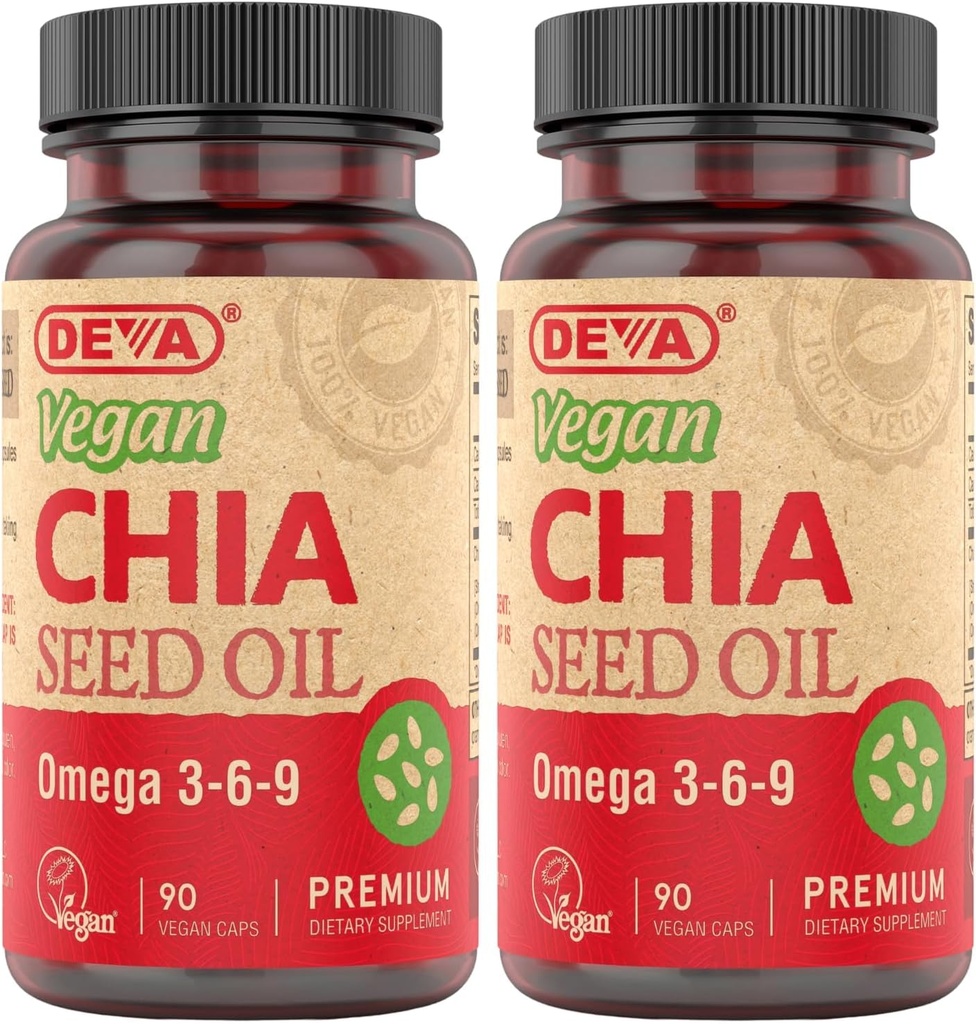 DEVA Vegan Vitamins Chia Seed Oil, Packed with Omega 3, 6, 9 & Other Essential Fatty Acids, Cold-Pressed & Unrefined, 90 Capsules, (Pack of 2)