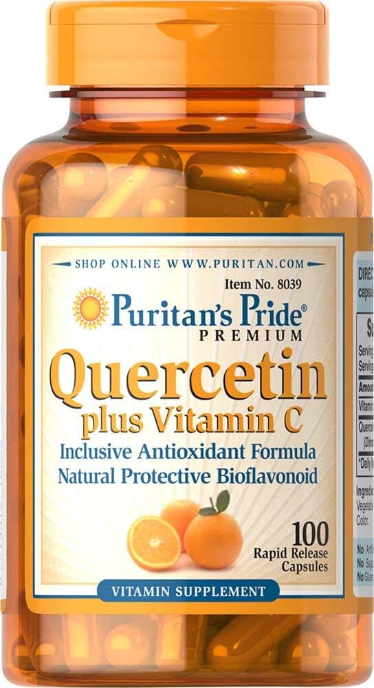Puritan's Pride Premium Quercetine Dihydraat Plus Vitamine C 1400mg, Dieetsupplement voor een gezond immuunsysteem, hart en algemene gezondheidsondersteuning, 100 capsules met snelle afgifte