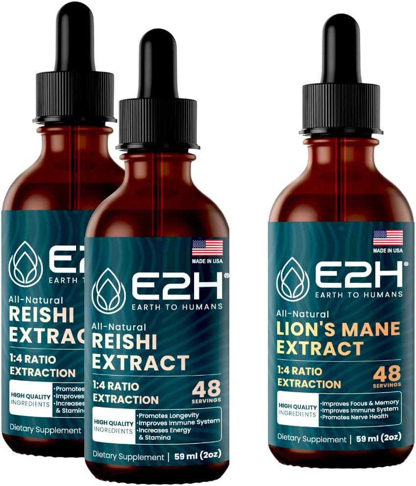 E2H: Reishi (2 Pack) & Lion's Mane Extracts - Energy, Longevity, Cognitive Sharpness, Immunity - Non-GMO, Vegan - 2 Fl Oz Each (6 Fl Oz Total) - Bundel