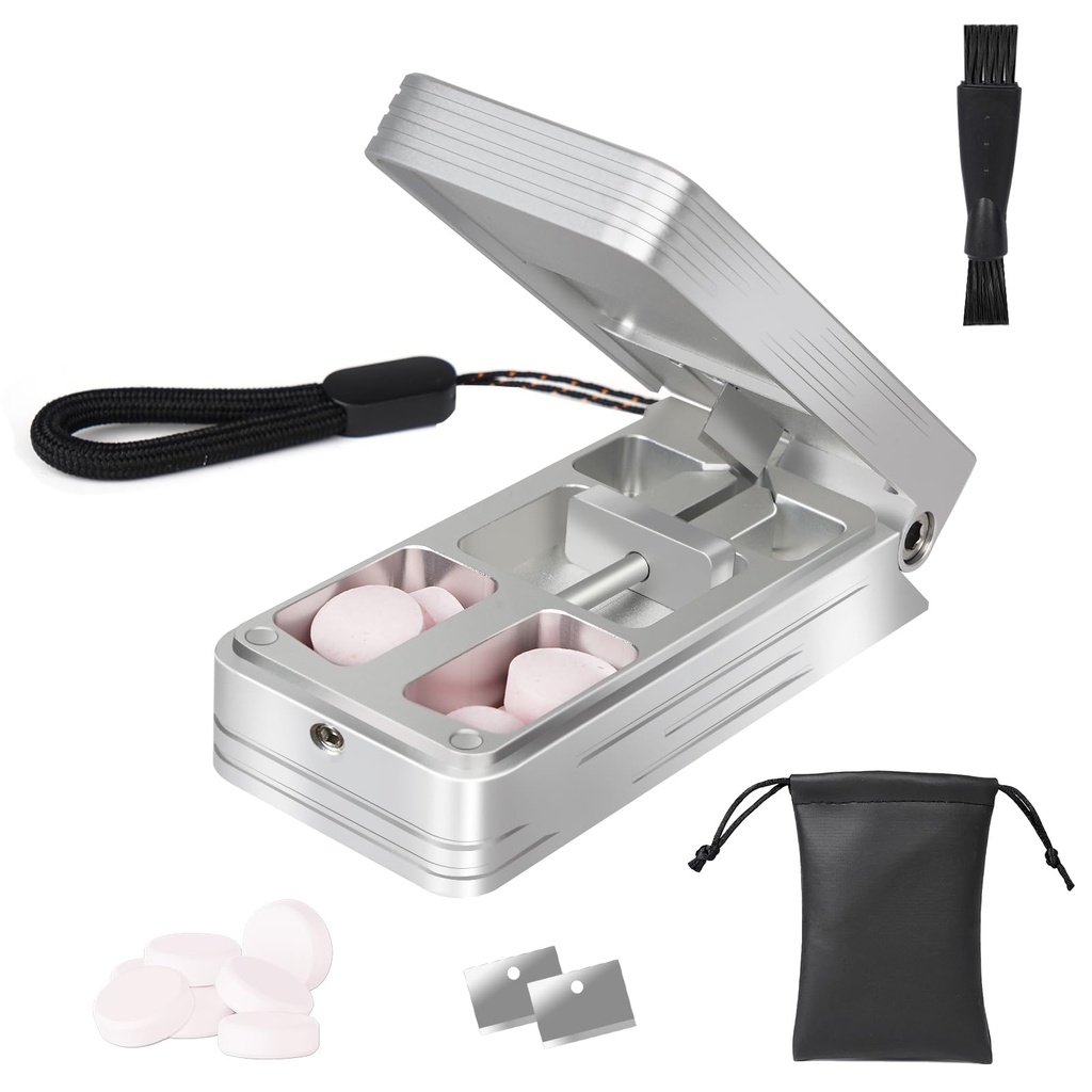 Pillensnijder voor kleine en kleine pillen, Professionele aluminium pil splitter met Auto Centering Device en 2 vervangbare roestvrij stalen bladen, Portable pil splitter met PU-case (zilver)
