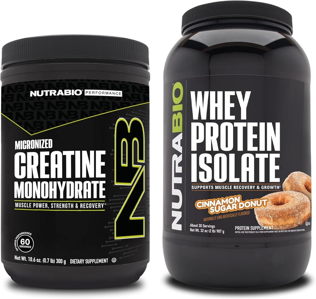 NutraBio Creatine Monohydraat, Unflavored, 300g en Wei Proteïne Isolaat, Kaneel Suiker Donut, Supplement Bundle - Spierenergie, Lean Spiergroei, Herstel, en sterkte