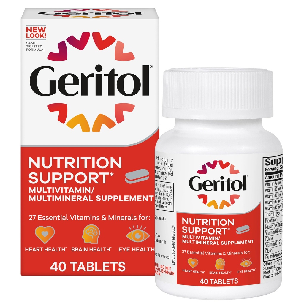 Geritol, Multivitamine Supplement, Bevat B-Vitaminen, Antioxidanten, Vitaminen C, E & D en ijzer, 26 Essentiële Vitaminen en Mineralen, Glutenvrije, Non-GMO, Geen kunstmatige zoetstoffen, 40 Tabletten