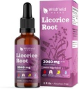 Licorice Root Extract Drops 2000mg (Glycyrrhiza glabra L.) Kruidensupplement Absorbeert beter dan capsules, 1 maand levering, 84 porties, Alcoholvrije Tinctuur - 2 Oz, Verpakking van 1
