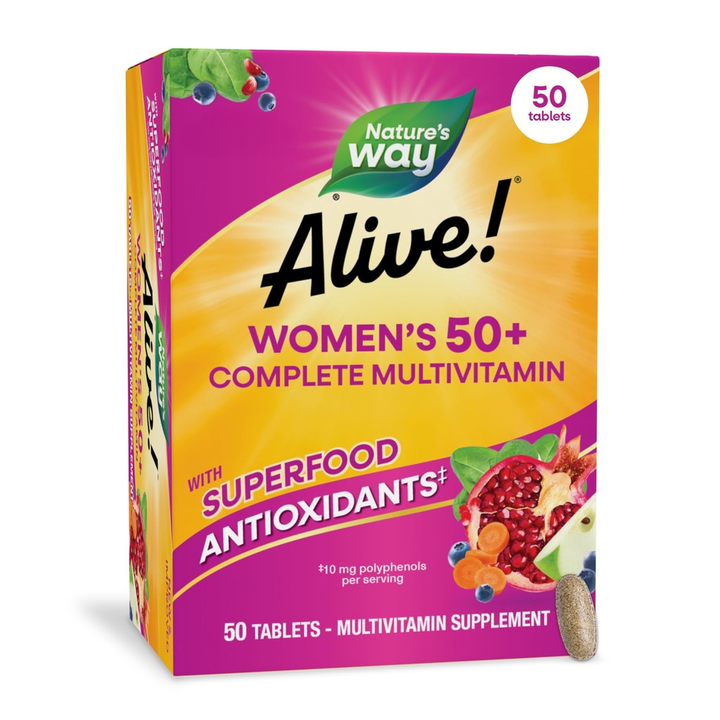 Nature's Way Alive! Women’s 50 Plus Complete Multivitamin Tablets, Daily Vitamin for Women 50 +, Supports Healthy Heart, Bones, and Brain Function*, with Superfood Antioxidants(1), 50 Tablets